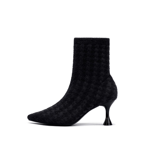 Pointed Toe Stiletto Heel Stretch Ankle Boots – Houndstooth Knit Sock Boots