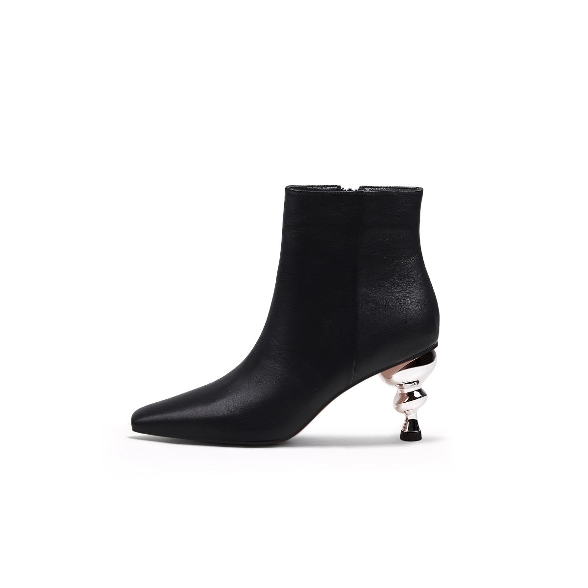 pointed toe swirl heel ankle boots all black 1