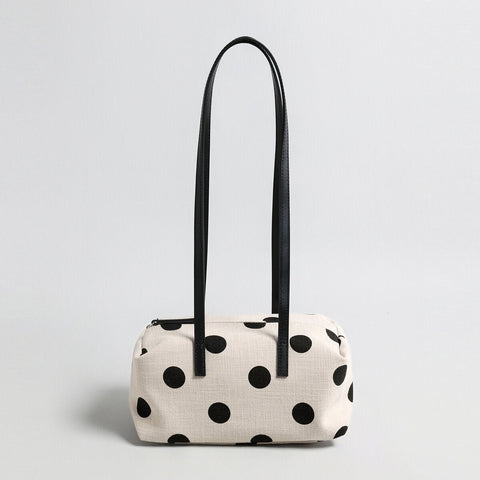 Polka Dot Canvas Barrel Bag – Cotton Linen Cylinder Shoulder Bag with Leather Straps