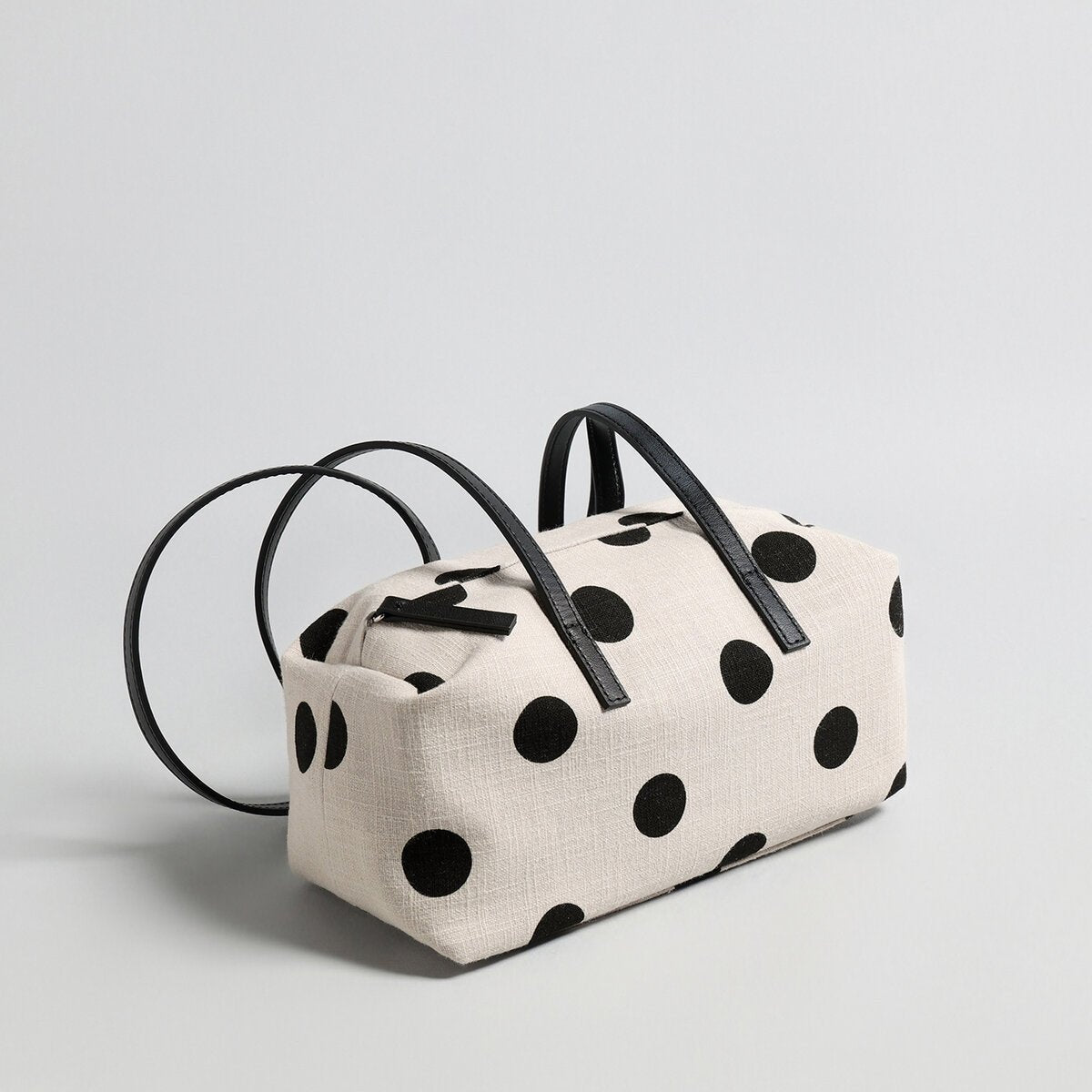 Polka Dot Canvas Barrel Bag – Cotton Linen Cylinder Shoulder Bag with Leather Straps
