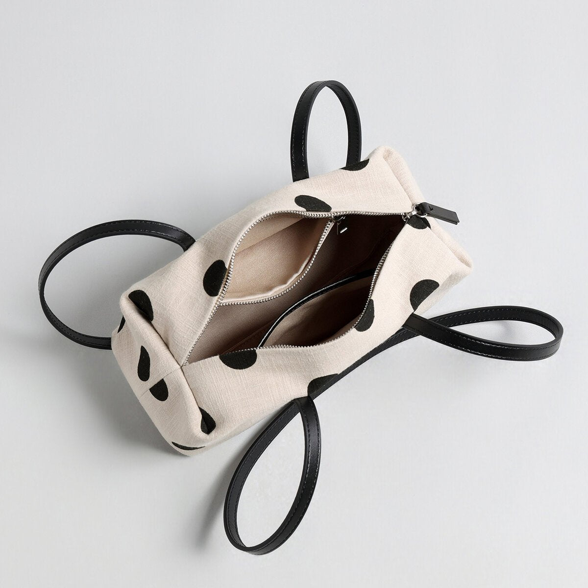 Polka Dot Canvas Barrel Bag – Cotton Linen Cylinder Shoulder Bag with Leather Straps