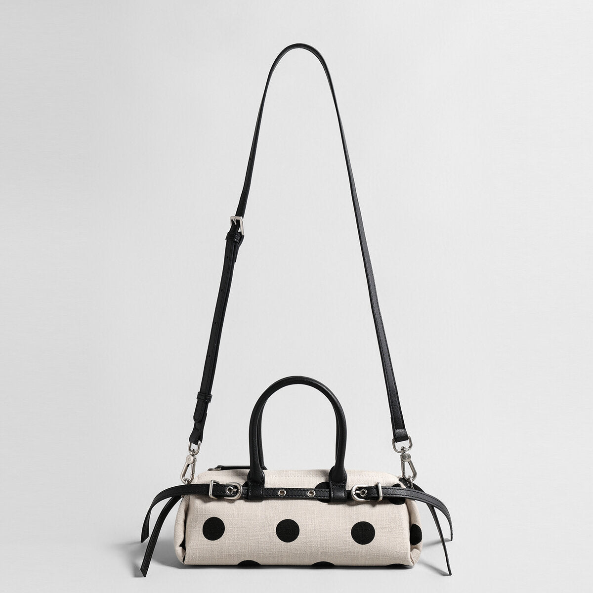 Polka Dot Canvas Barrel Bag – Cotton Linen Leather Trim Crossbody with Dual Straps