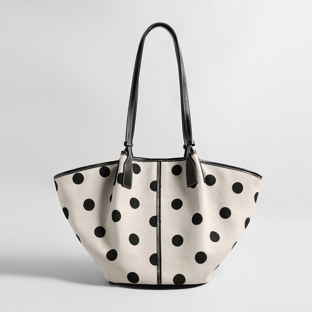 Polka Dot Canvas Basket Tote Bag – Leather Trim Shoulder Tote with Removable Zip Pouch
