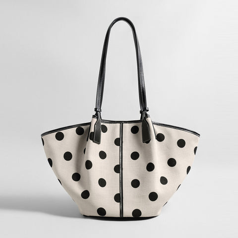 Polka Dot Canvas Basket Tote Bag – Leather Trim Shoulder Tote with Removable Zip Pouch