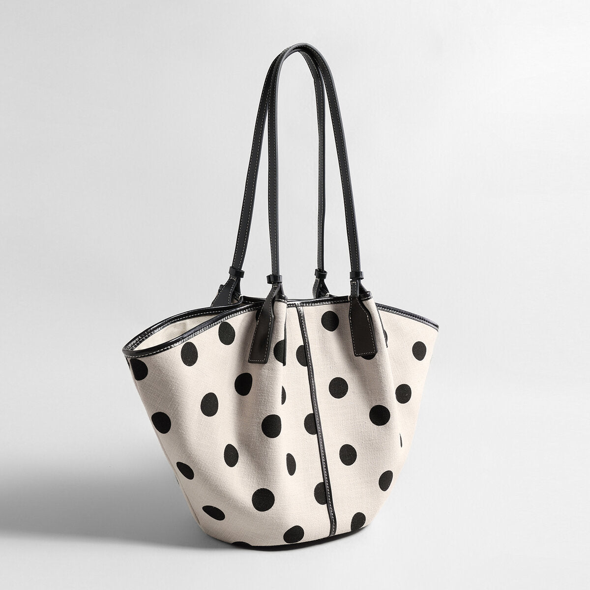 Polka Dot Canvas Basket Tote Bag – Leather Trim Shoulder Tote with Removable Zip Pouch