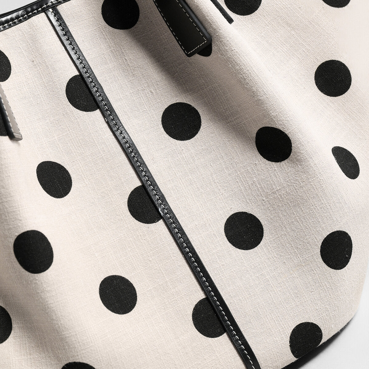 Polka Dot Canvas Basket Tote Bag – Leather Trim Shoulder Tote with Removable Zip Pouch