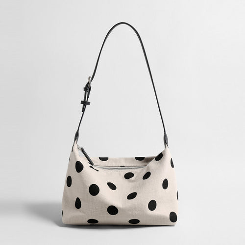 Polka Dot Canvas Hobo Bag – Cotton Linen Leather Trim Shoulder Bag with Adjustable Strap