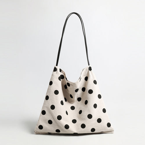 Polka Dot Canvas Hobo Tote – Cotton Linen Slouchy Shoulder Bag with Leather Straps