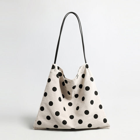 Polka Dot Canvas Hobo Tote – Cotton Linen Slouchy Shoulder Bag with Leather Straps