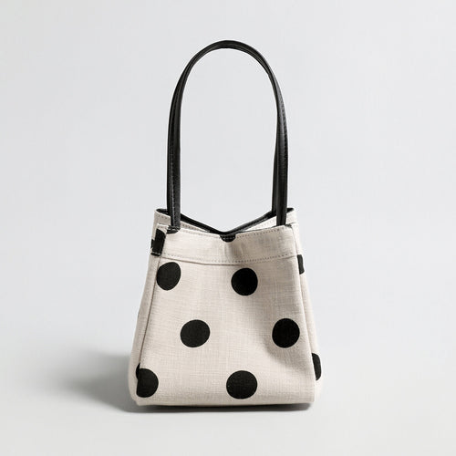 Polka Dot Canvas Mini Bucket Bag – Cotton Linen Crossbody Shoulder Bag with Dual Straps