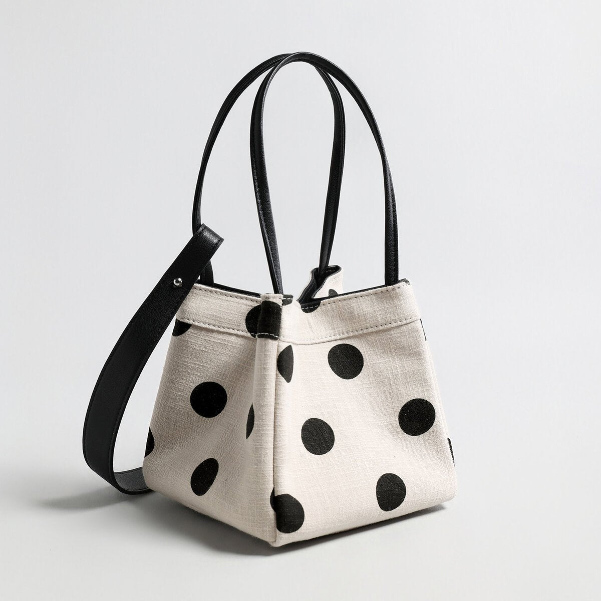 Polka Dot Canvas Mini Bucket Bag – Cotton Linen Crossbody Shoulder Bag with Dual Straps