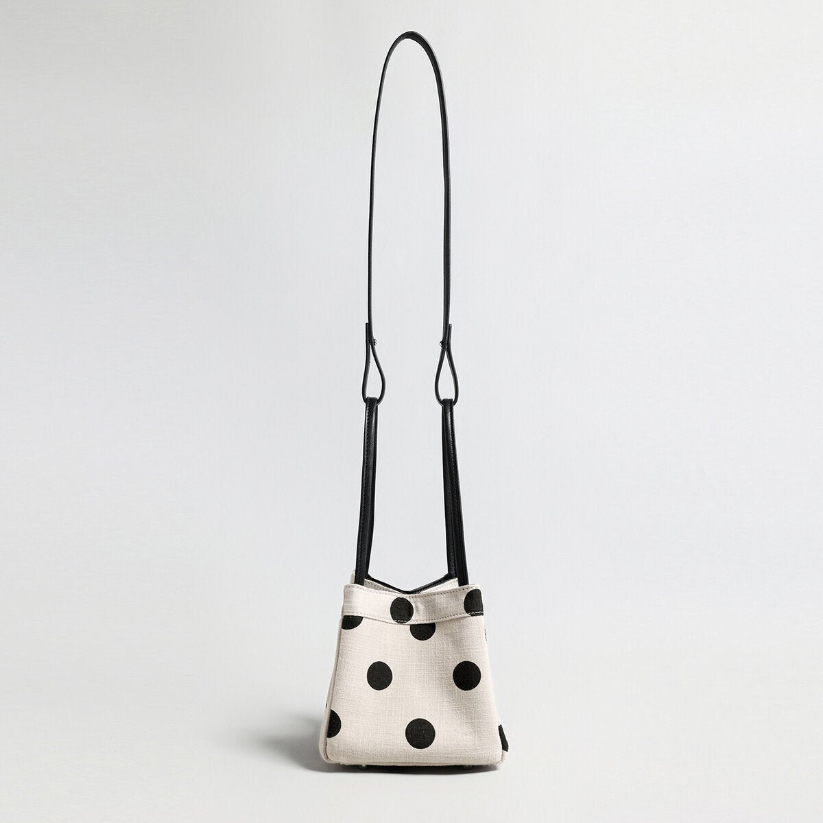 Polka Dot Canvas Mini Bucket Bag – Cotton Linen Crossbody Shoulder Bag with Dual Straps
