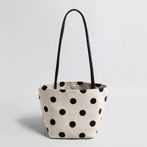 Polka Dot Canvas Tote – Cotton Linen Shoulder Bag with Leather Straps