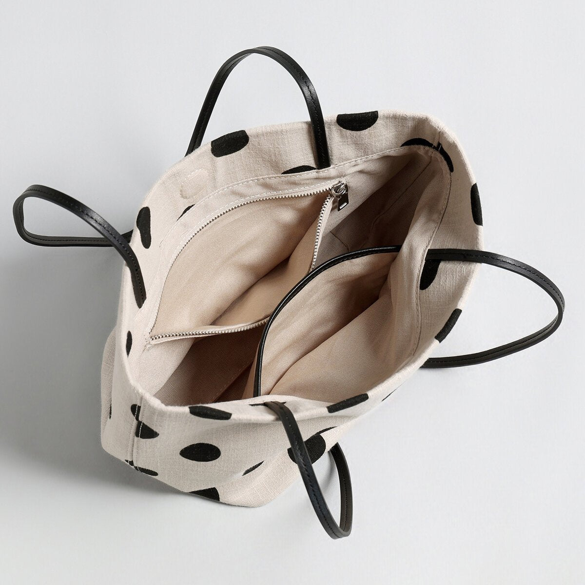 Polka Dot Canvas Tote – Cotton Linen Shoulder Bag with Leather Straps