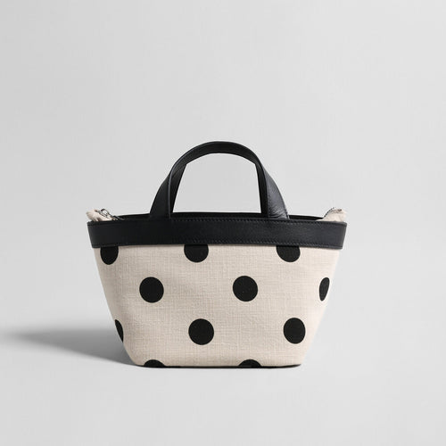 Polka Dot Cotton-Linen Canvas Mini Tote Bag – Leather Trim Convertible Crossbody