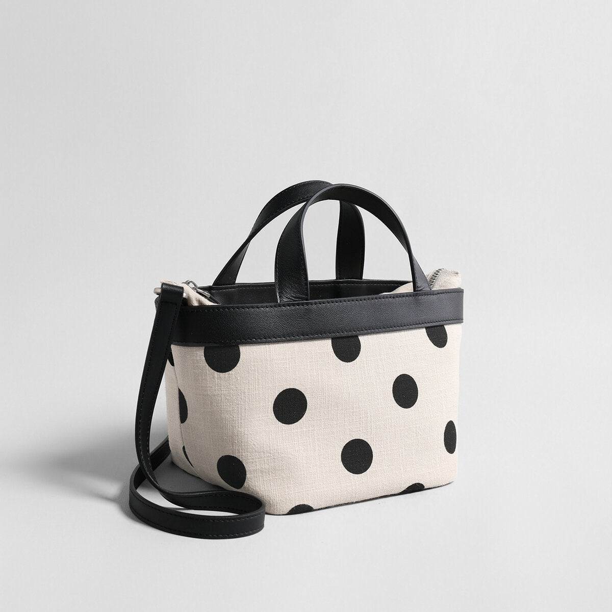 Polka Dot Cotton-Linen Canvas Mini Tote Bag – Leather Trim Convertible Crossbody