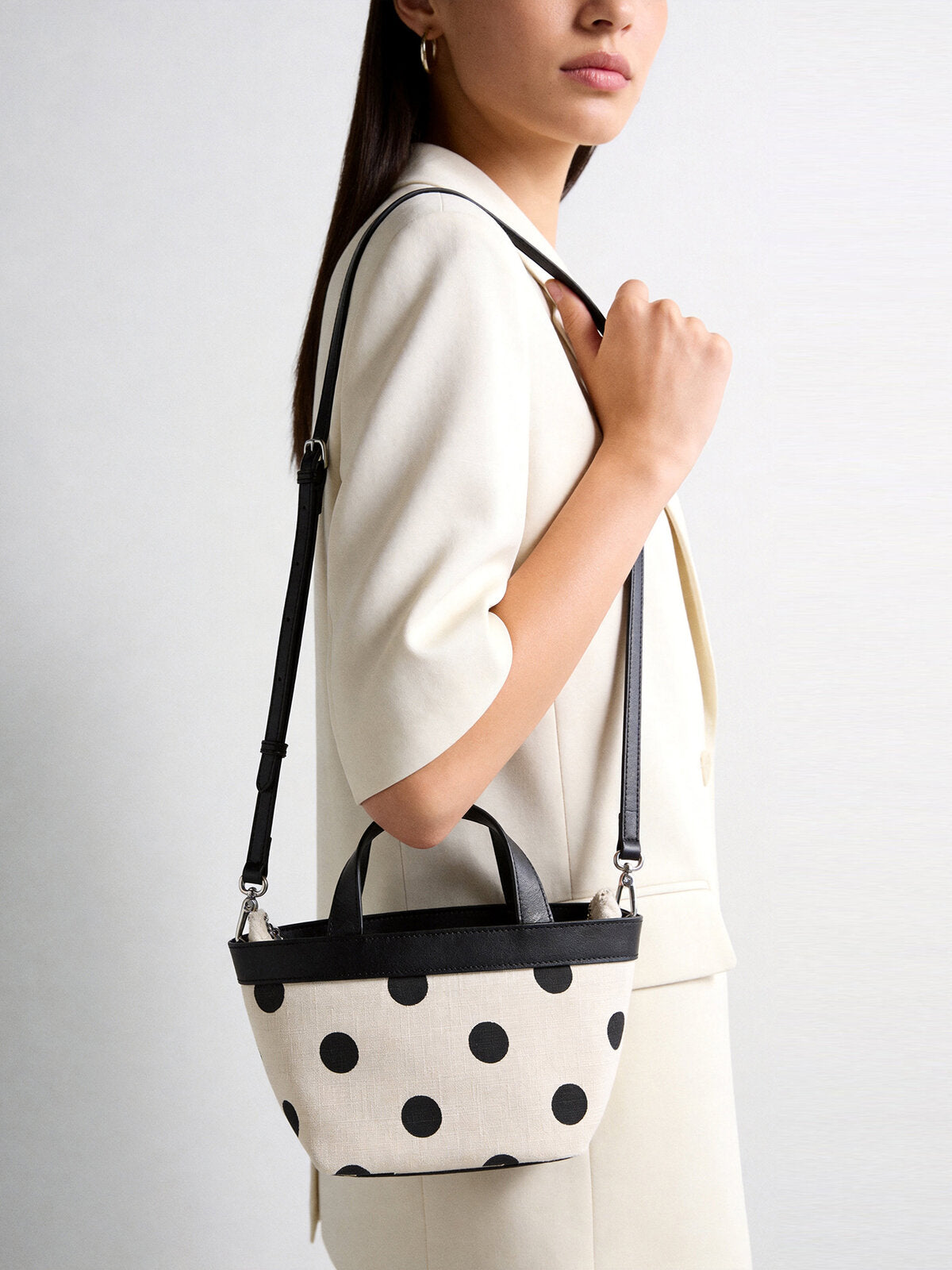 Polka Dot Cotton-Linen Canvas Mini Tote Bag – Leather Trim Convertible Crossbody
