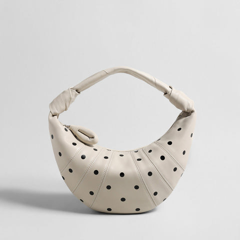 Polka Dot Dumpling Bag – First-Layer Sheepskin Crescent Shoulder Bag with Knotted Handle