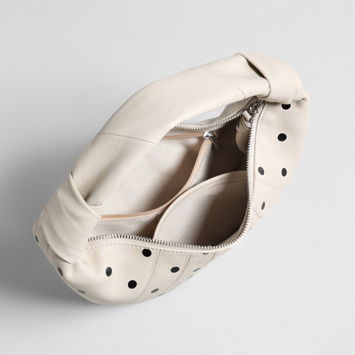 Polka Dot Dumpling Bag – First-Layer Sheepskin Crescent Shoulder Bag with Knotted Handle