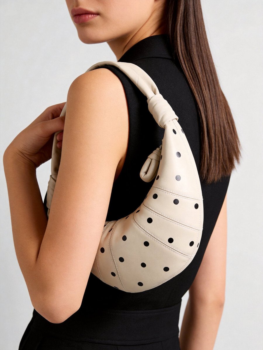 Polka Dot Dumpling Bag – First-Layer Sheepskin Crescent Shoulder Bag with Knotted Handle