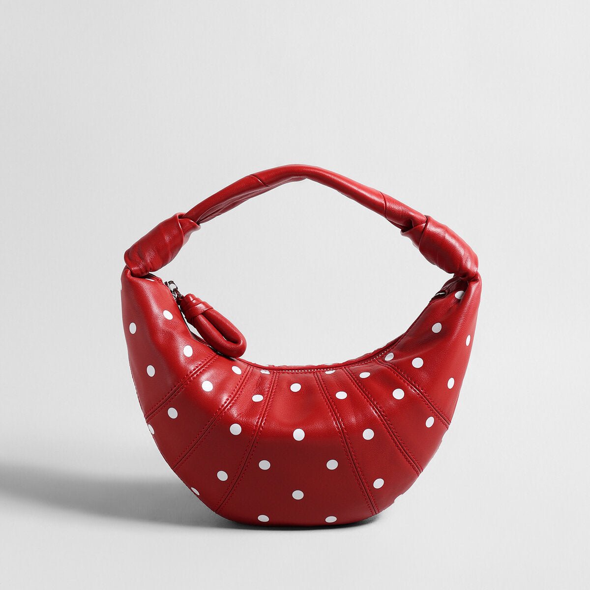 Polka Dot Dumpling Bag – First-Layer Sheepskin Crescent Shoulder Bag with Knotted Handle