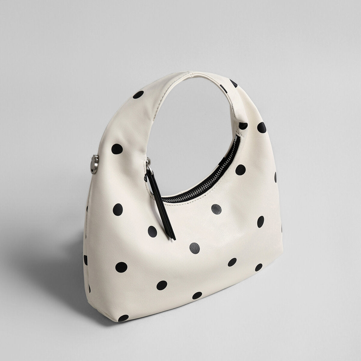 Polka Dot Leather Crescent Hobo Bag – Convertible Top-Handle & Crossbody Mini Bag