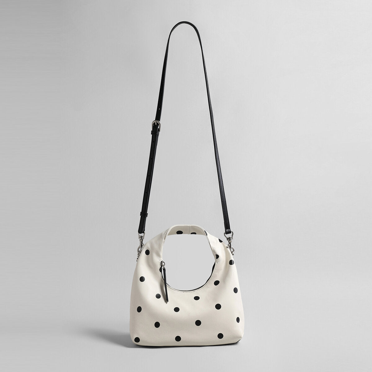 Polka Dot Leather Crescent Hobo Bag – Convertible Top-Handle & Crossbody Mini Bag