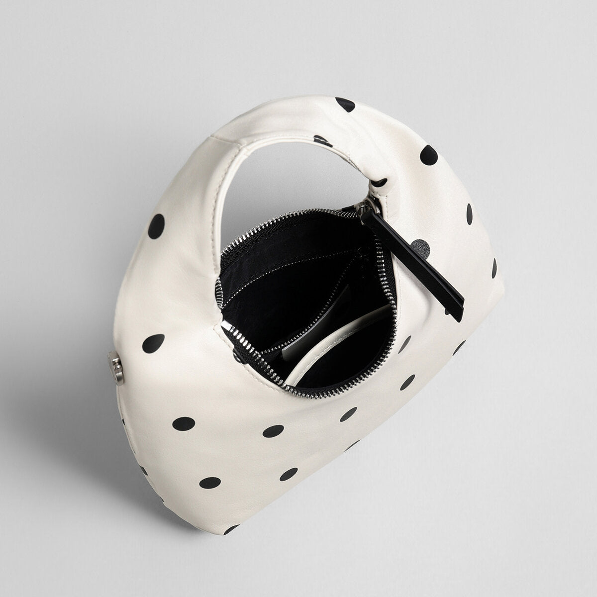 Polka Dot Leather Crescent Hobo Bag – Convertible Top-Handle & Crossbody Mini Bag