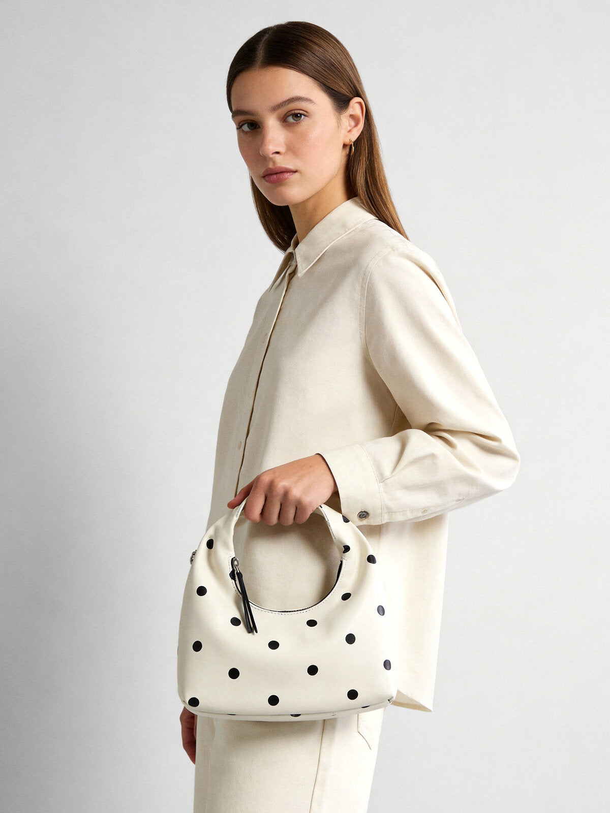 Polka Dot Leather Crescent Hobo Bag – Convertible Top-Handle & Crossbody Mini Bag