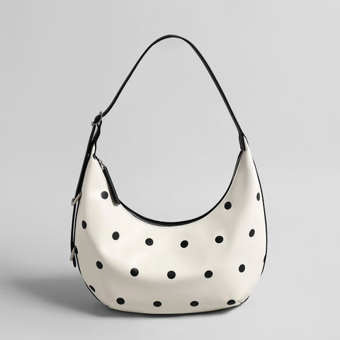 Polka Dot Leather Crescent Shoulder Bag – Adjustable Buckle Strap Hobo