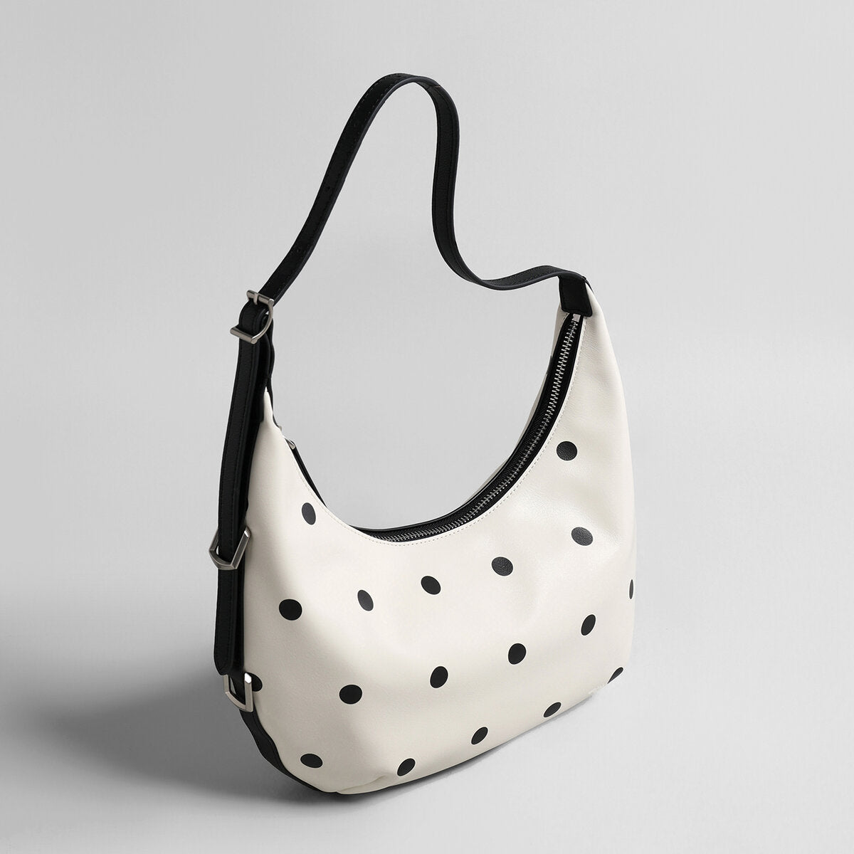 Polka Dot Leather Crescent Shoulder Bag – Adjustable Buckle Strap Hobo