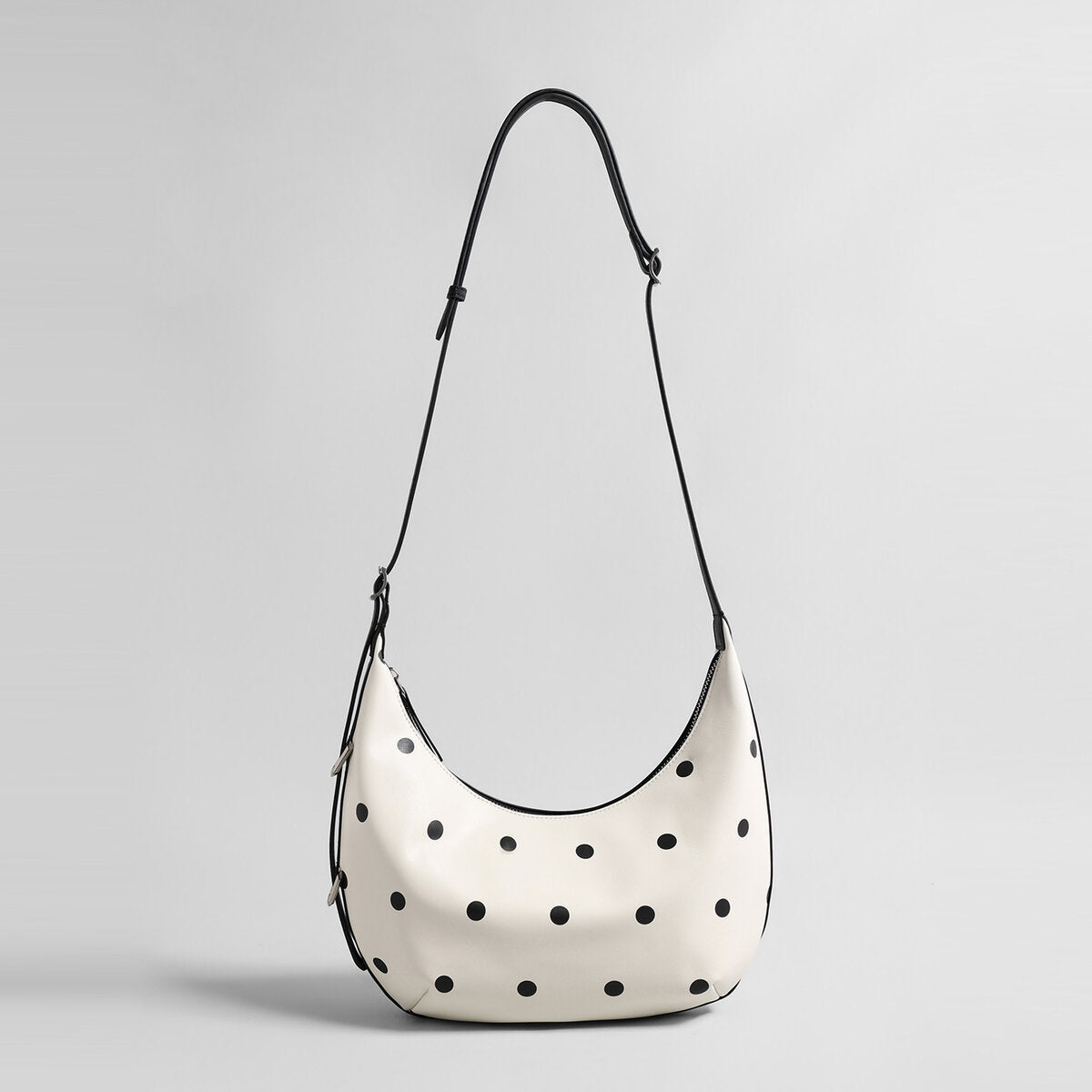 Polka Dot Leather Crescent Shoulder Bag – Adjustable Buckle Strap Hobo