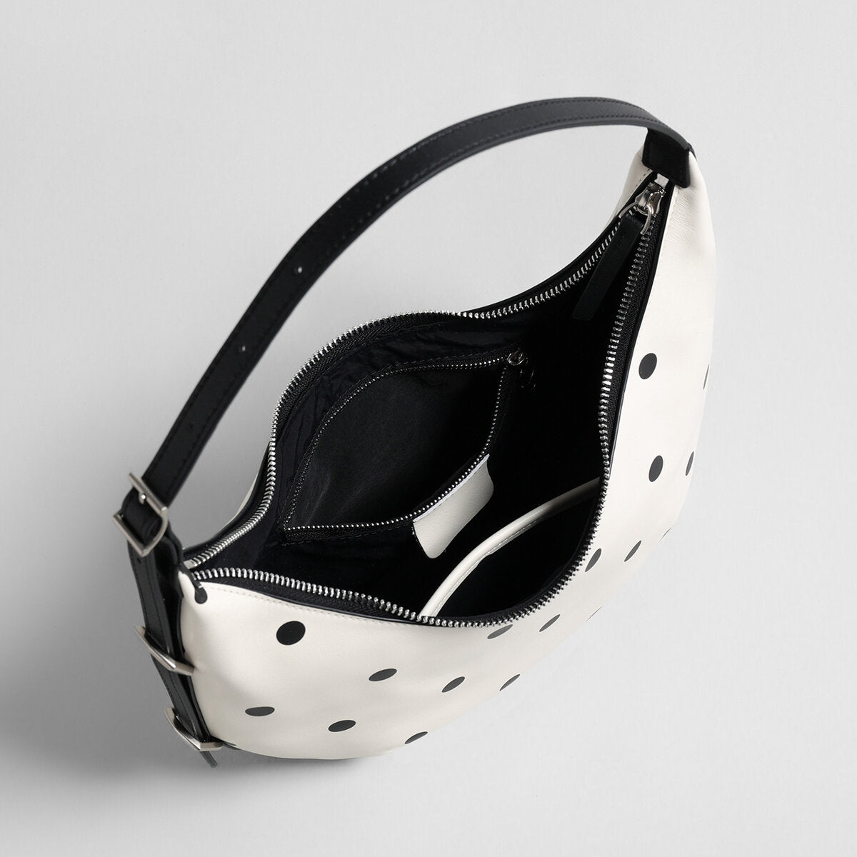 Polka Dot Leather Crescent Shoulder Bag – Adjustable Buckle Strap Hobo
