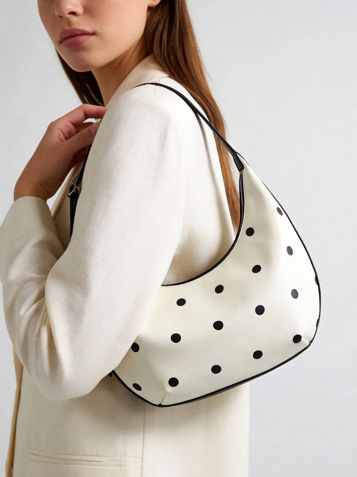 Polka Dot Leather Crescent Shoulder Bag – Adjustable Buckle Strap Hobo