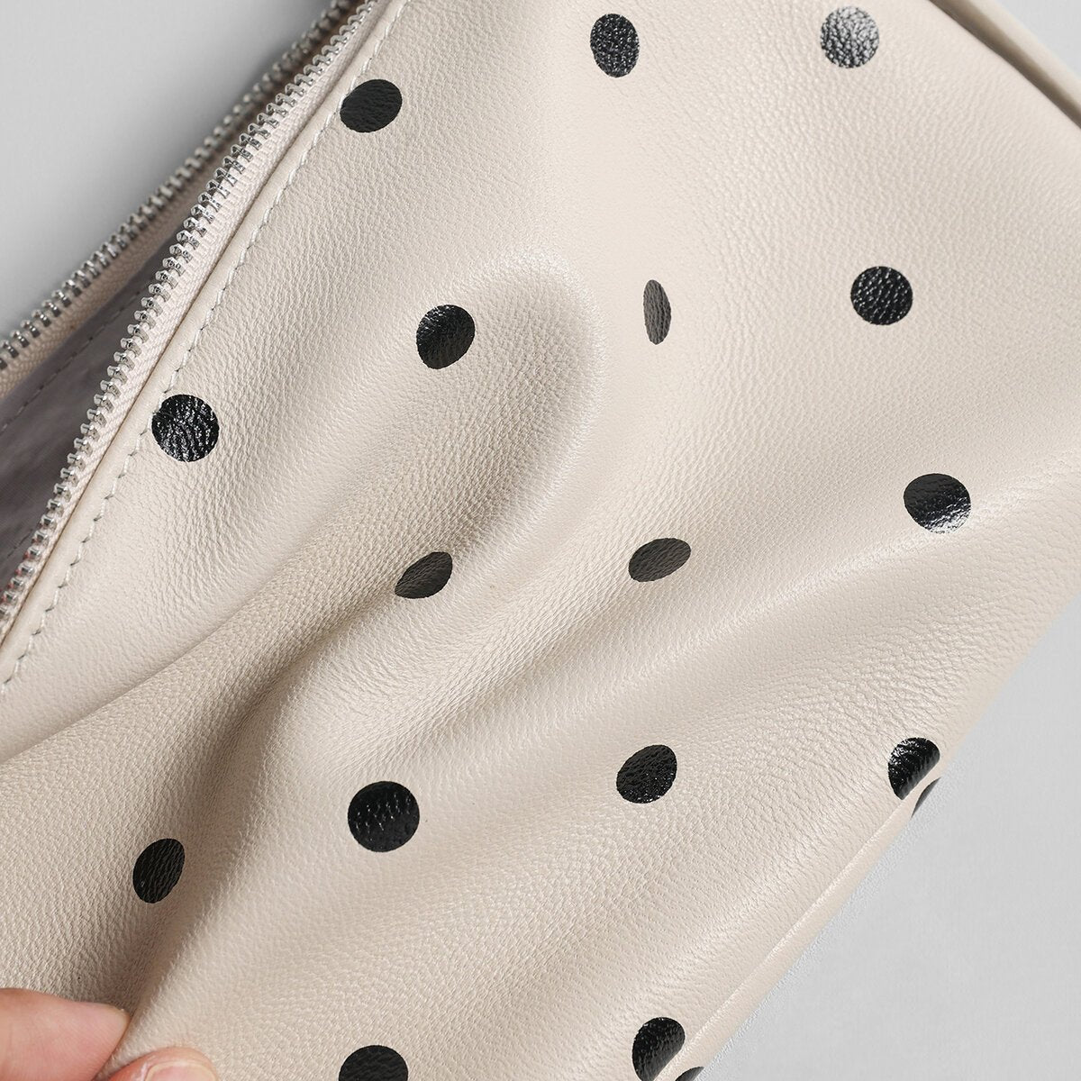 Polka Dot Soft Shoulder Bag – First-Layer Sheepskin Leather Crescent Bag with Adjustable Strap