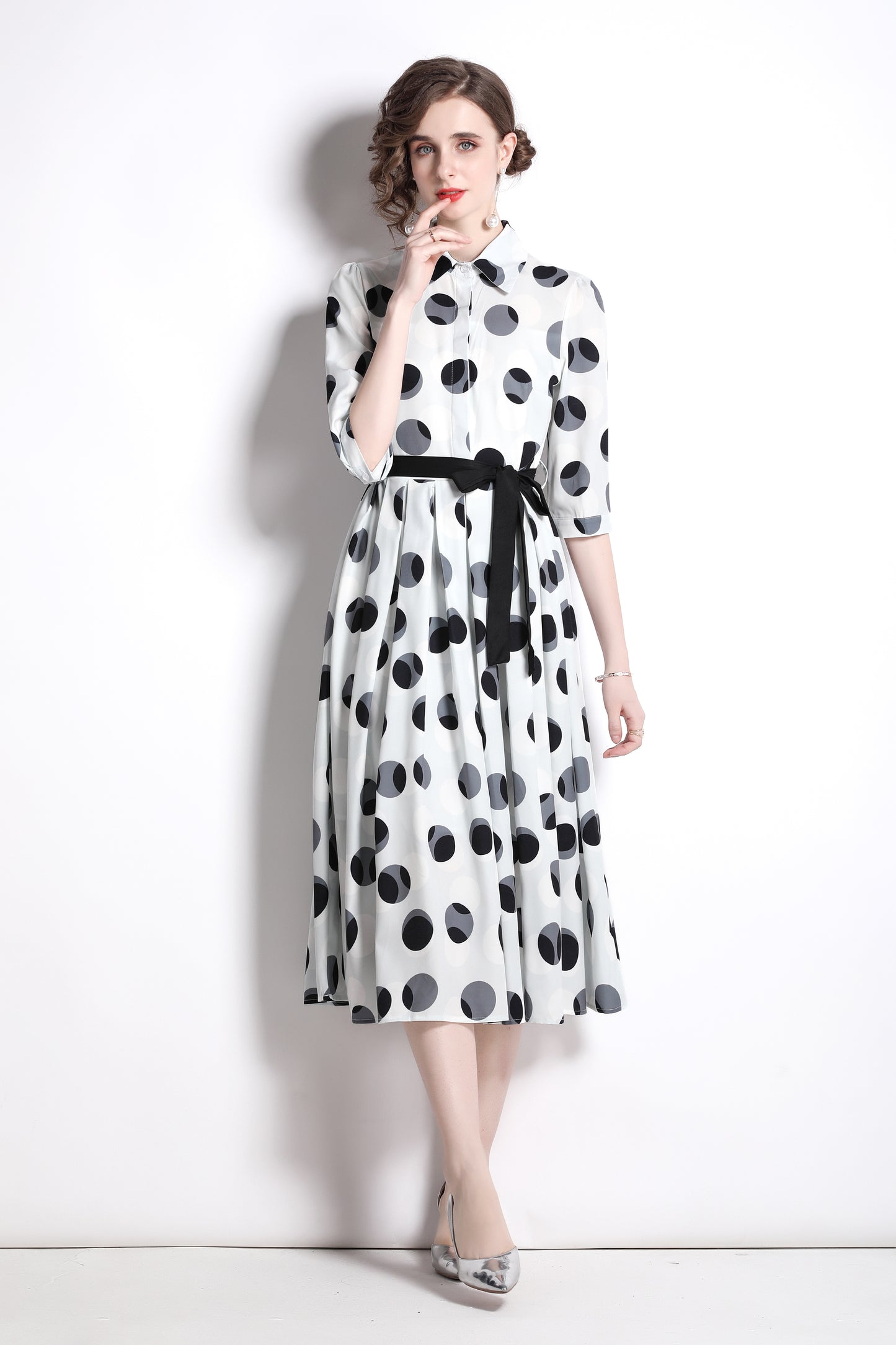polka dot tie waist shirt dress all white 1