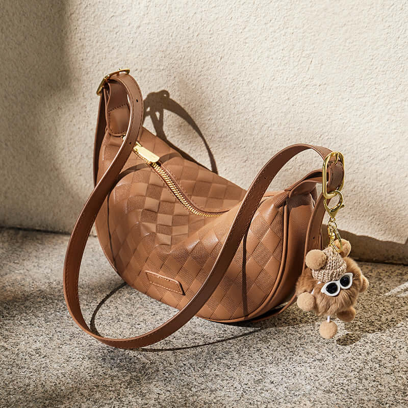 pompom charm quilted shoulder bag caramel 2