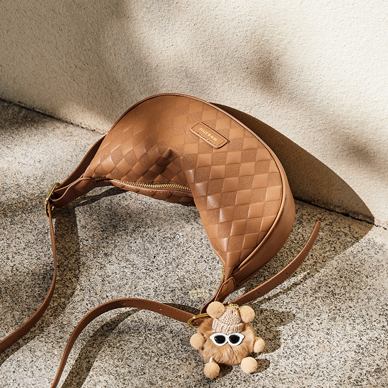 pompom charm quilted shoulder bag caramel 4