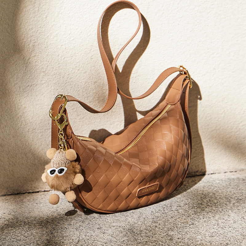 pompom charm quilted shoulder bag caramel 6