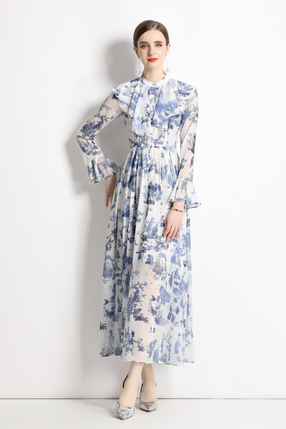 porcelain blue floral slim fit long sleeve shirt dress all blue 1