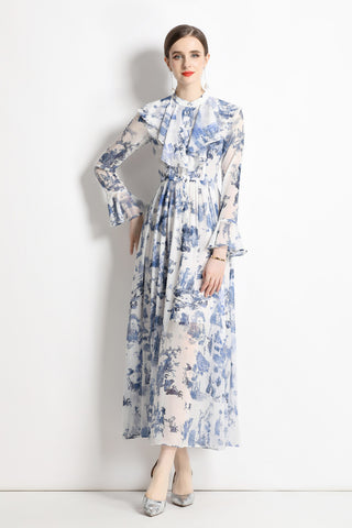 Porcelain Blue Floral Slim Fit Long Sleeve Shirt Dress