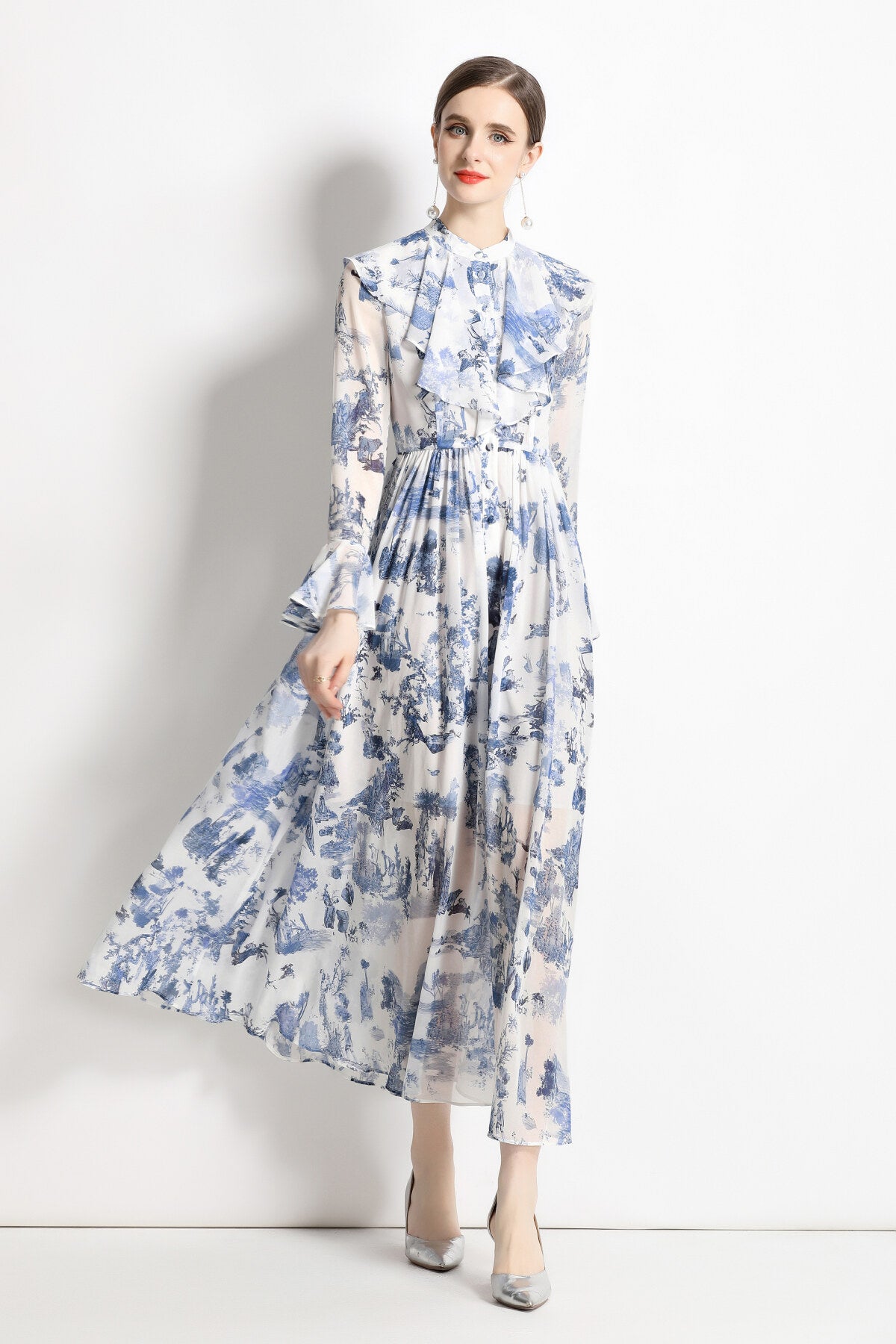 porcelain blue floral slim fit long sleeve shirt dress all blue 2