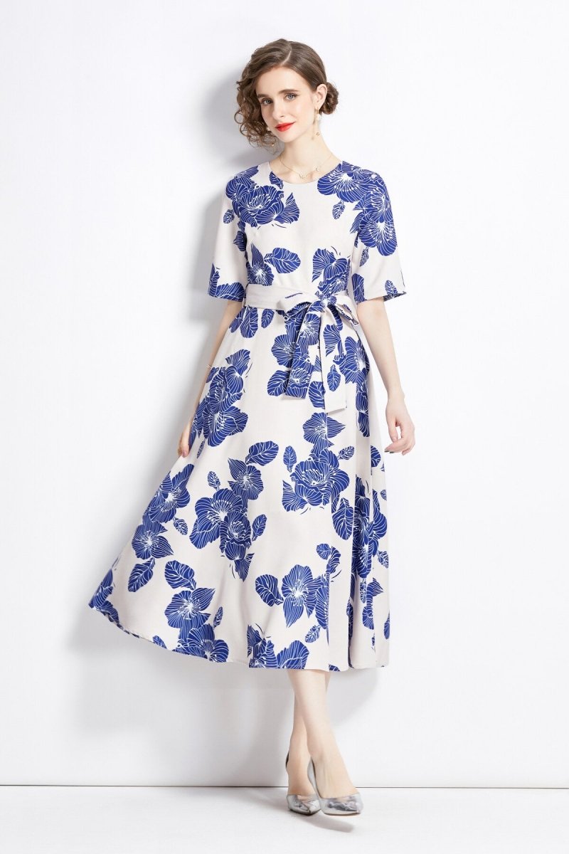 porcelain blue vintage print waist cinching midi dress all blue 3