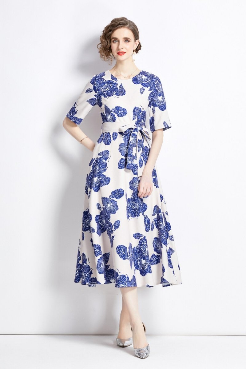 porcelain blue vintage print waist cinching midi dress all blue 1
