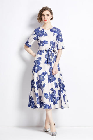 Porcelain Blue Vintage Print Waist Cinching Midi Dress