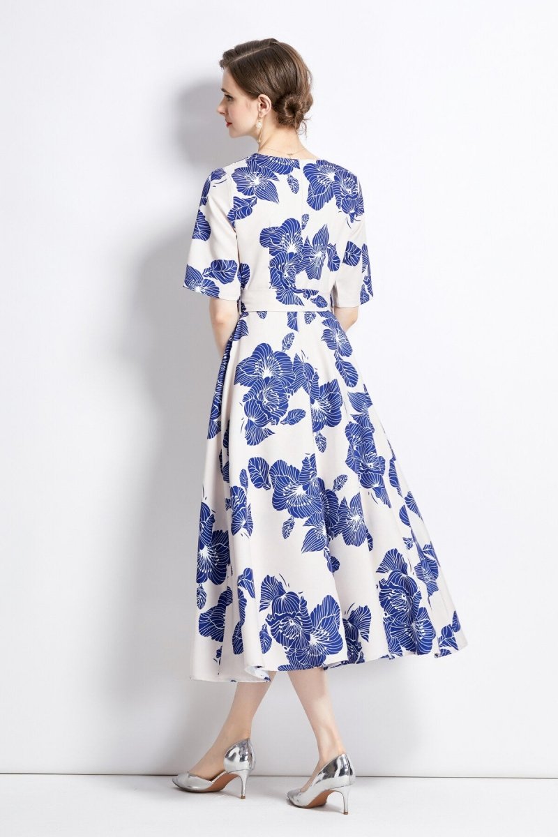 porcelain blue vintage print waist cinching midi dress all blue 4