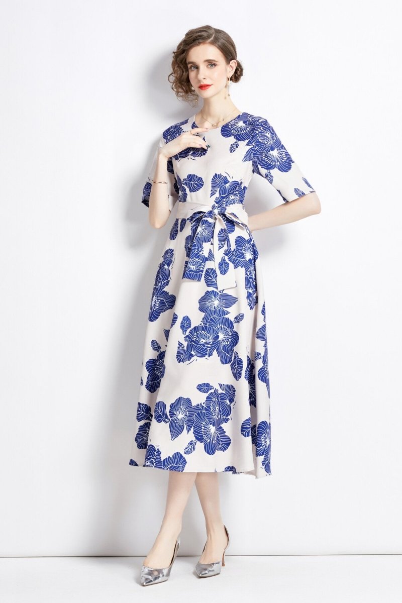 porcelain blue vintage print waist cinching midi dress all blue 2