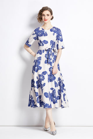 Porcelain Blue Vintage Print Waist Cinching Midi Dress