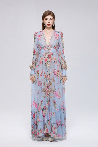 Powder Blue Rose & Gold Baroque Maxi Dress