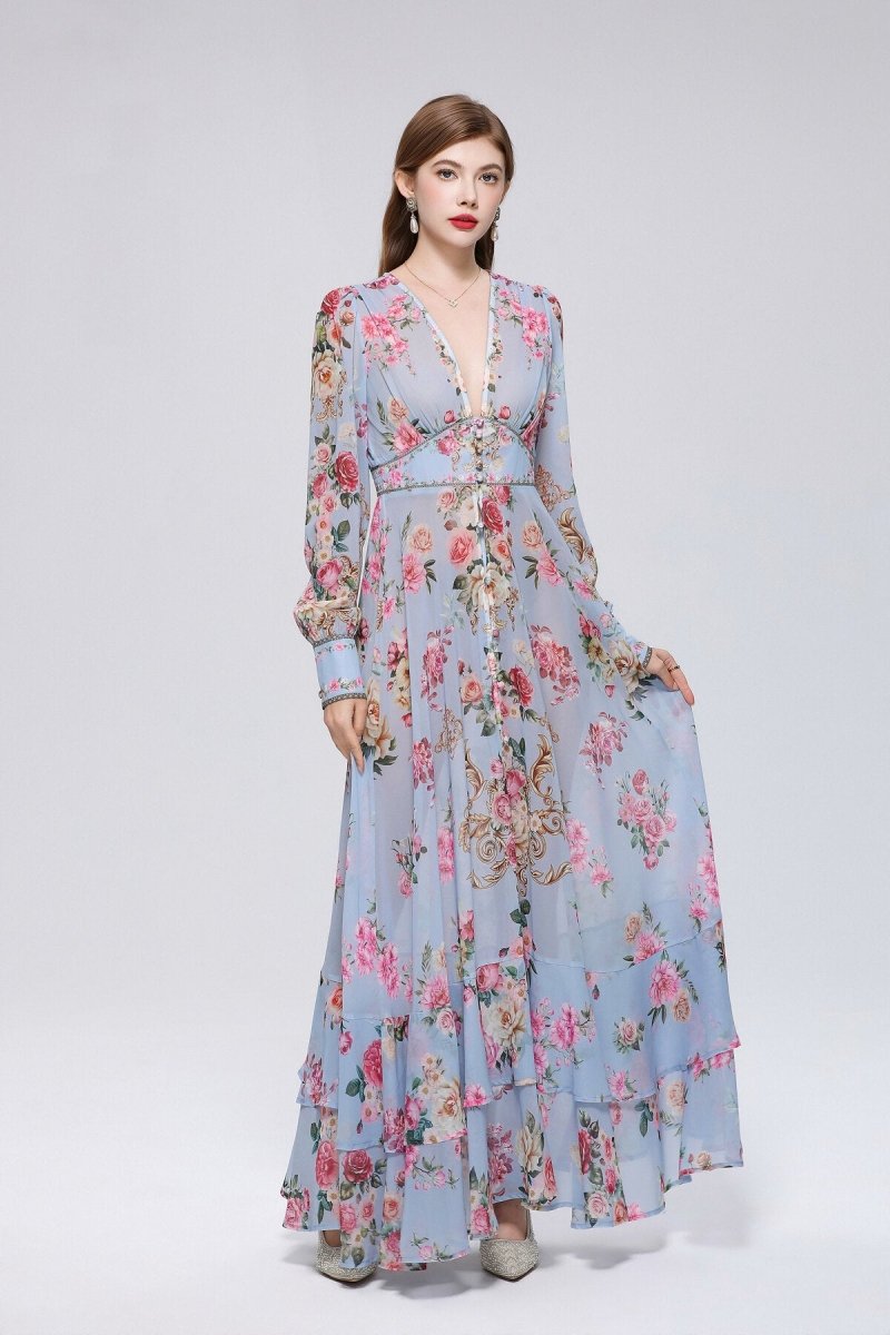 Powder Blue Rose & Gold Baroque Maxi Dress